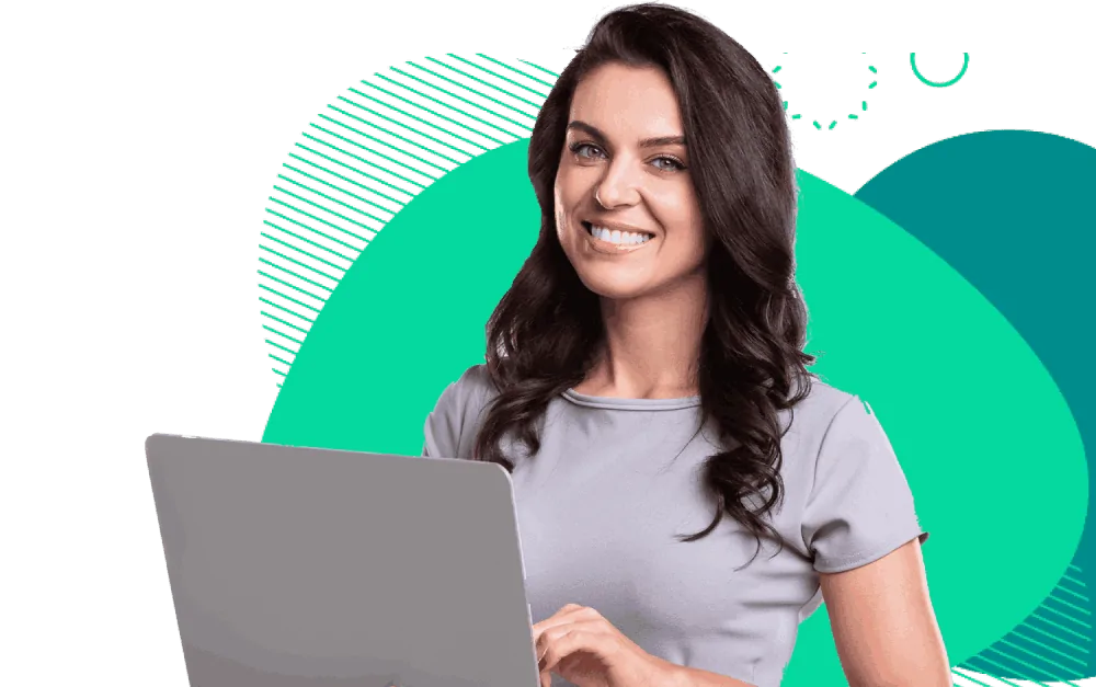 Smiling brunette woman holding laptop